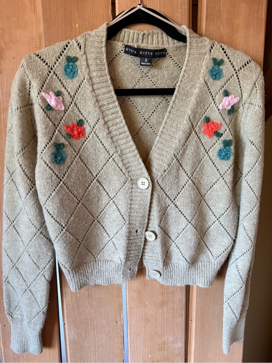 HYFVE Sweaters - Floral Embroidered Cropped Oatmeal Cardigan Sweater Embroidery Cottagecore Small